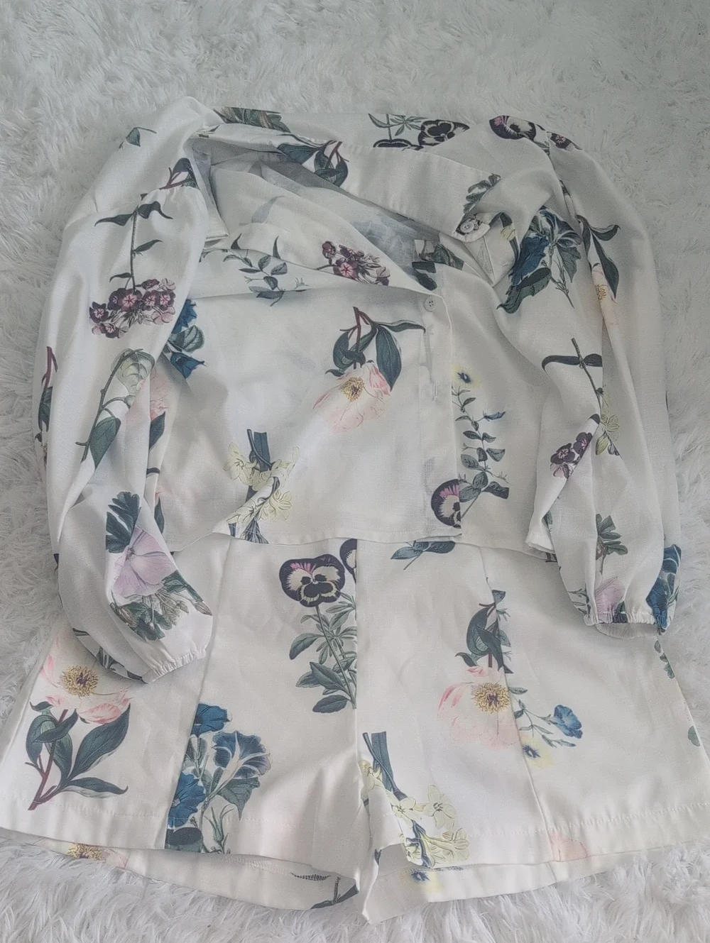 Floral White Button-Front Blouse and Shorts Set